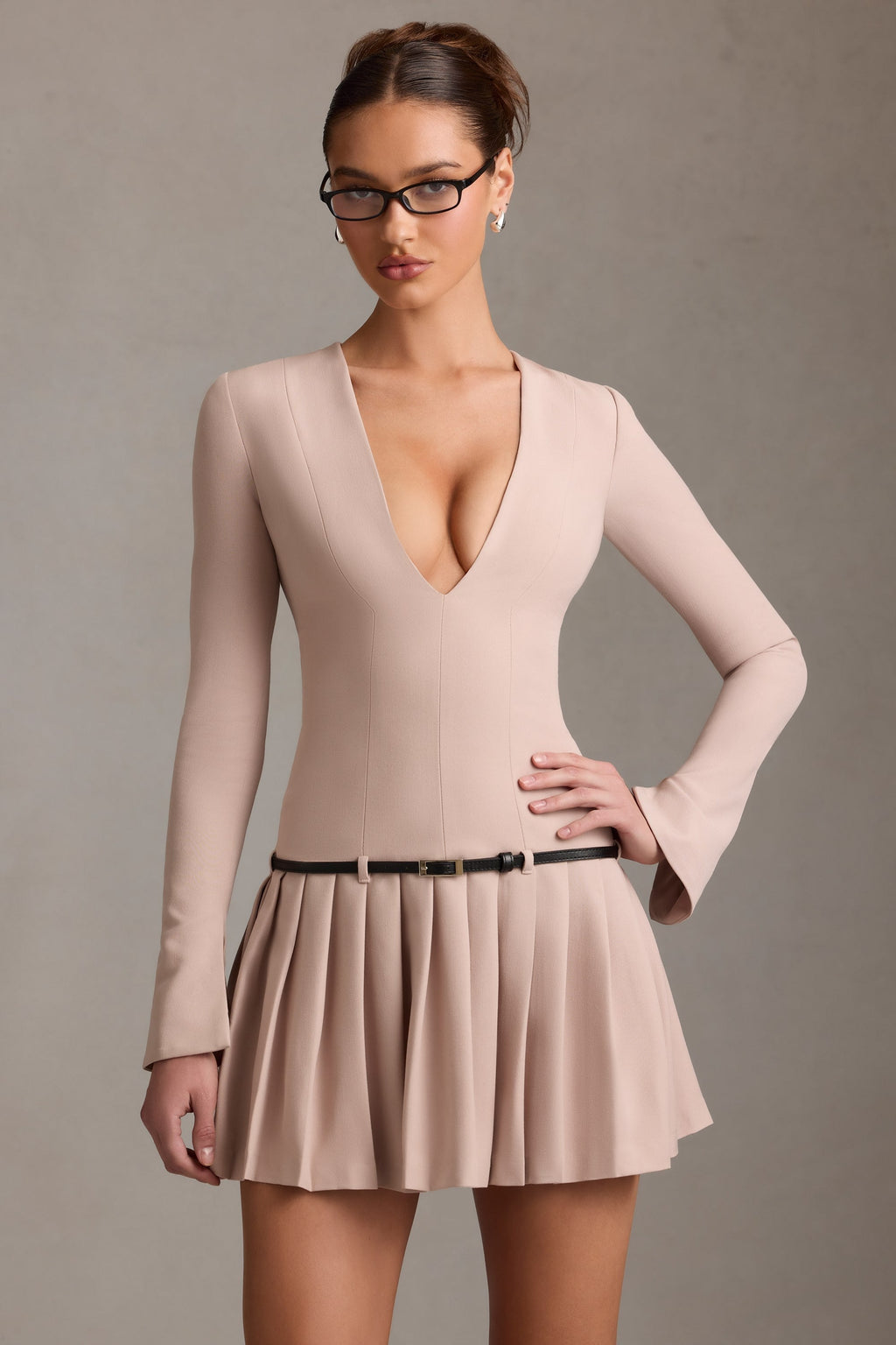 Long-Sleeve Pleated Mini Dress in Mushroom